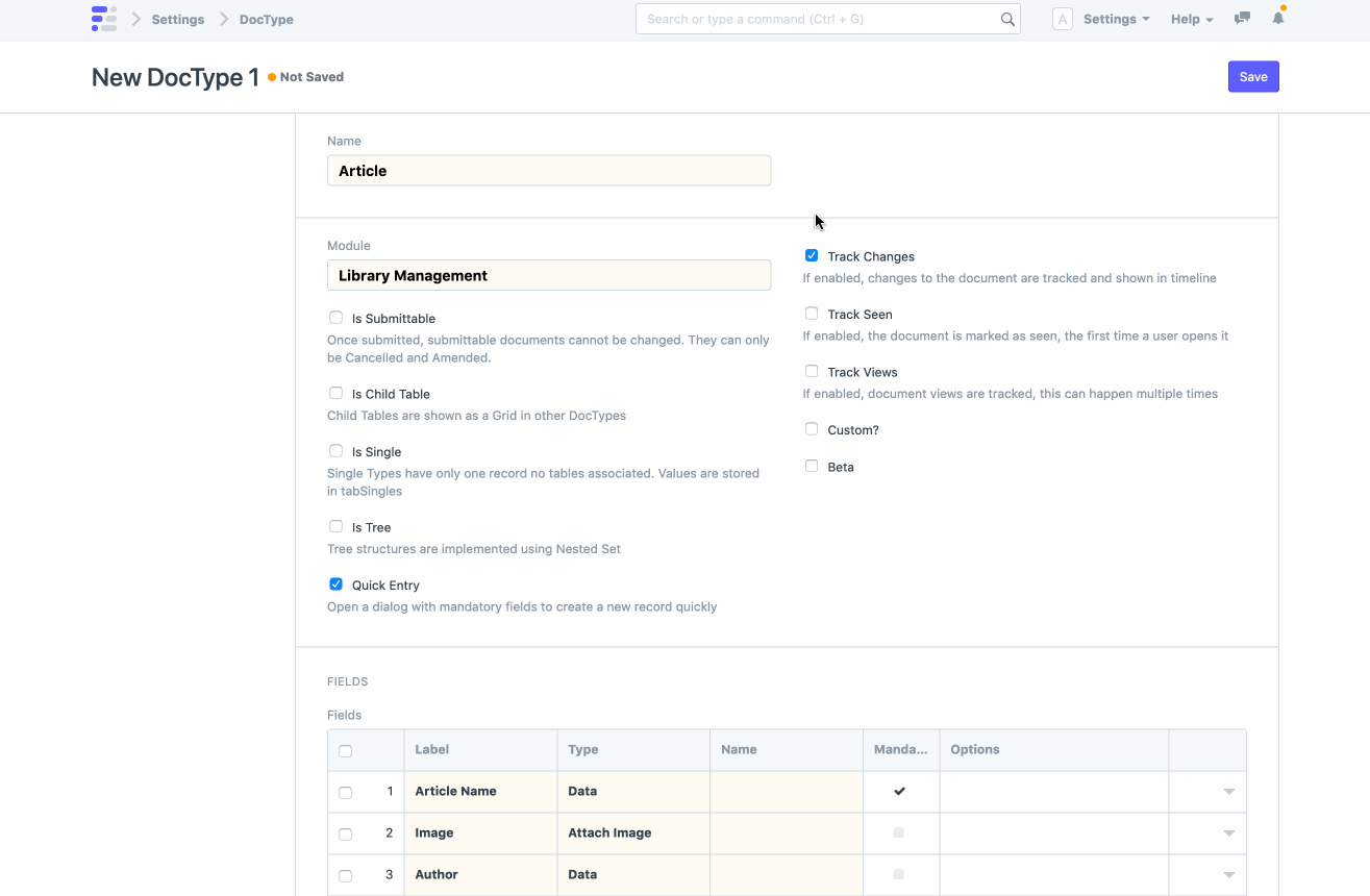 1. Custom DocTypes and data models