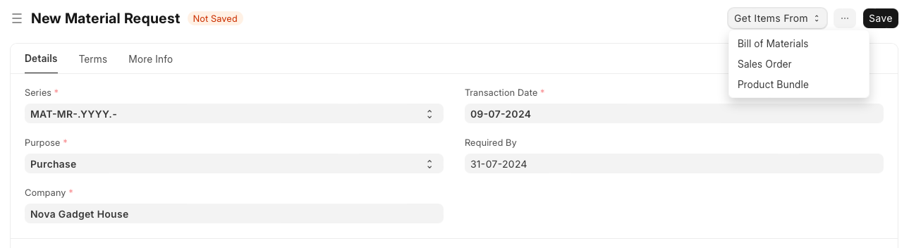 Material request screenshot