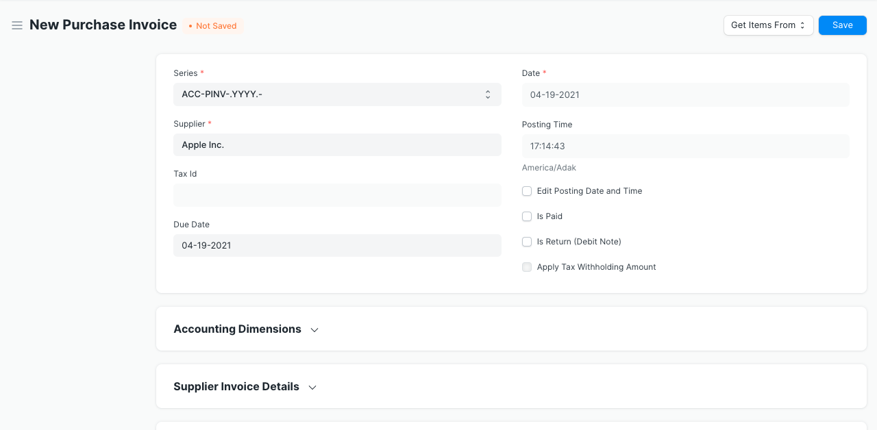 Purchase invoice screenshot