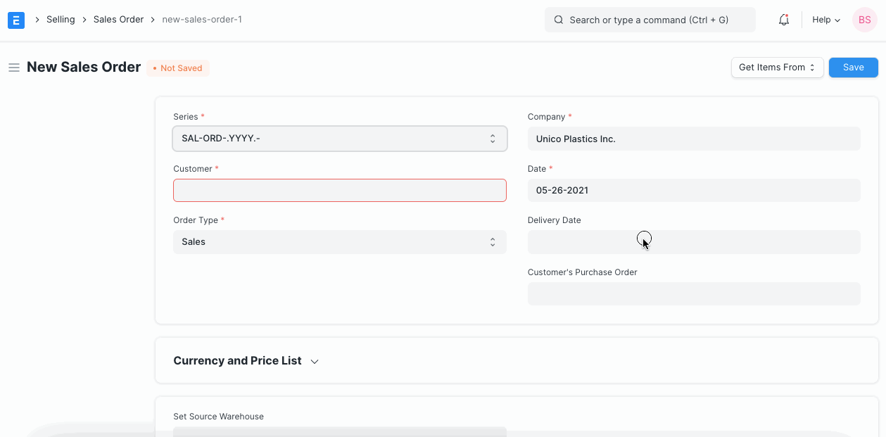 Sales order interface